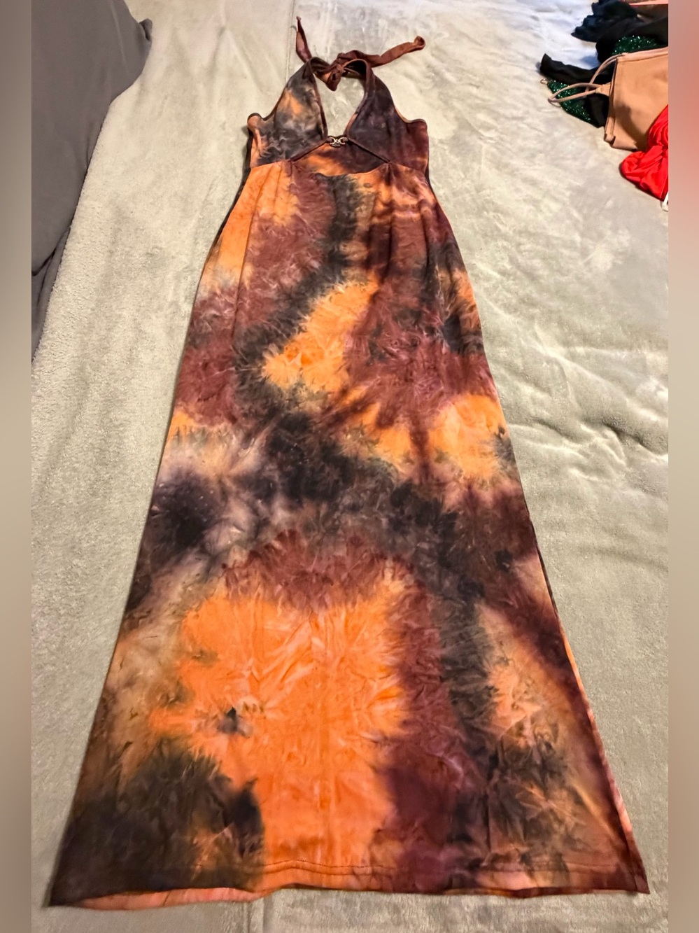 SHEIN Orange & Brown Tie-Dye Halter Maxi Skirt Dress